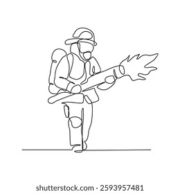 One continuous line drawing of The fire fighter brigade is on duty to put out the blazing fire vector illustration. Fire Fighting design illustration simple linear style vector concept for education.