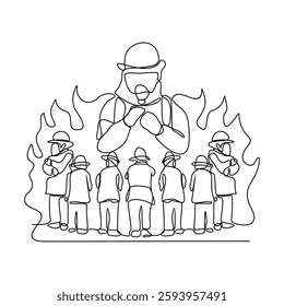 One continuous line drawing of The fire fighter brigade is on duty to put out the blazing fire vector illustration. Fire Fighting design illustration simple linear style vector concept for education.
