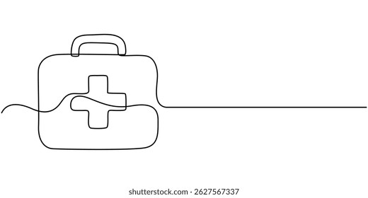 One continuous line drawing of first aid kit box. Single line of first aid kit box vector illustration, Simple line art illustration of medical kit symbolizing emergency preparedness and healthcare.