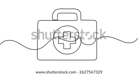 One continuous line drawing of first aid kit box. Single line of first aid kit box vector illustration, Simple line art illustration of medical kit symbolizing emergency preparedness and healthcare.