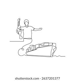 One continuous line drawing of a Fisherman, seafood, towards processing and export vector illustration. National development themes design in simple linear concept. Suitable for your asset design.