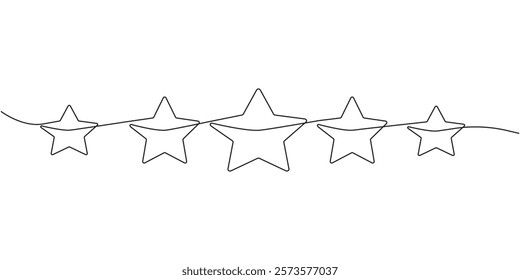 One continuous line drawing of five stars.Rating service and high quality review and feedback