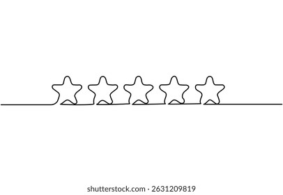 One continuous line drawing of five stars. Rating service and high quality review and feedback. Buyer experience. Customer feedback rating. E-commerce. continuous line