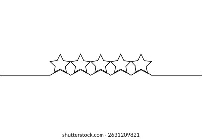 One continuous line drawing of five stars. Rating service and high quality review and feedback. Buyer experience. Customer feedback rating. E-commerce. continuous line