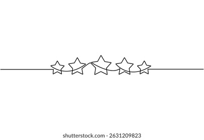 One continuous line drawing of five stars. Rating service and high quality review and feedback. Buyer experience. Customer feedback rating. E-commerce. continuous line