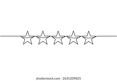 One continuous line drawing of five stars. Rating service and high quality review and feedback. Buyer experience. Customer feedback rating. E-commerce. continuous line