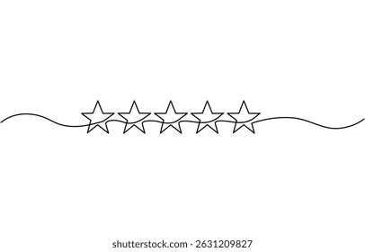 One continuous line drawing of five stars. Rating service and high quality review and feedback. Buyer experience. Customer feedback rating. E-commerce. continuous line
