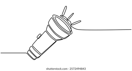 One continuous line drawing of flashlight poster vector illustration. Pro vector, flashlight drawing one continuous line vector, One line drawing of flashlight. Equipment for camping minimalist design