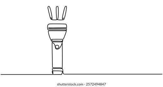 One continuous line drawing of flashlight poster vector illustration. Pro vector, flashlight drawing one continuous line vector, One line drawing of flashlight. Equipment for camping minimalist design