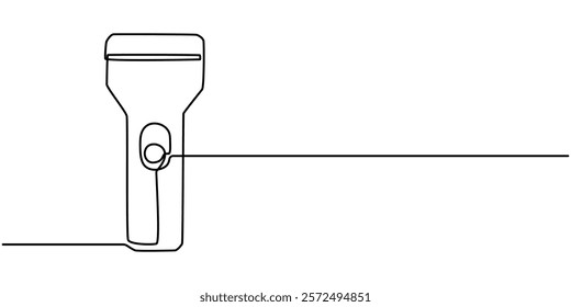 One continuous line drawing of flashlight poster vector illustration. Pro vector, flashlight drawing one continuous line vector, One line drawing of flashlight. Equipment for camping minimalist design