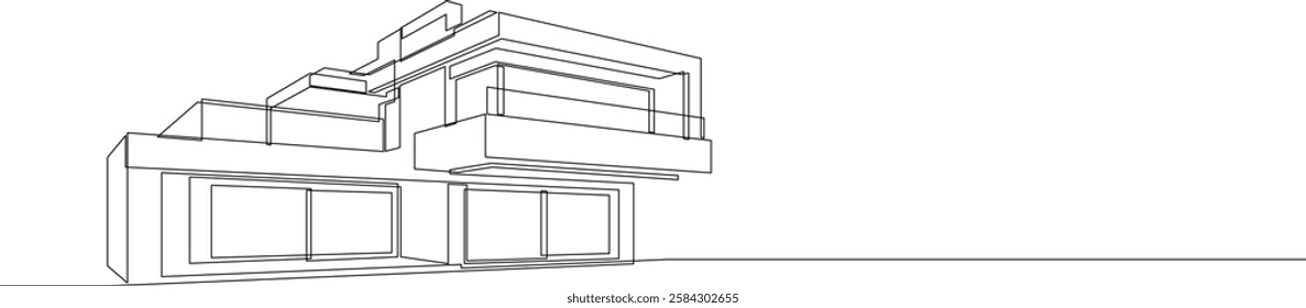 One continuous line drawing of flat roof house or shop. Minimalist style black linear sketch of modern building isolated on white background. Vector illustration.