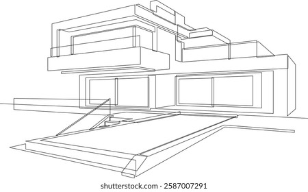 One continuous line drawing of flat roof house with swimming pool. Minimalist style black linear sketch of modern building isolated on white background. Vector illustration.