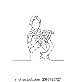 One continuous line drawing of Florist is on duty vector design illustration. Florist on camera design illustration simple linear style vector concept. Florist illustration for your asset design.