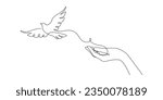 One continuous line drawing of flying dove with two hands. Bird symbol of peace and freedom in simple linear style. Mascot concept for national labor movement icon. Doodle vector illustration