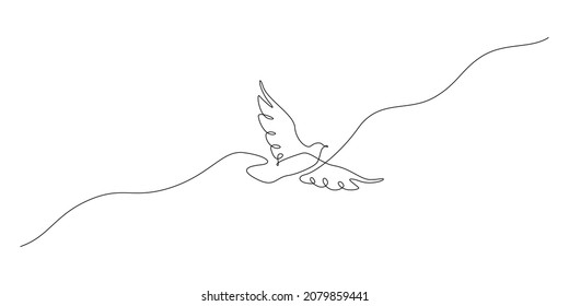 Un dibujo continuo de la paloma volando. Símbolo pájaro de paz y libertad en un estilo lineal simple. Concepto de mascota para el icono del movimiento laboral nacional aislado en blanco. Ilustración del vector Doodle