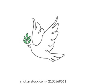 One continuous line drawing of flying dove with olive branch. Bird and twig symbol of love peace and freedom in simple linear style. Pigeon icon. Doodle vector illustration