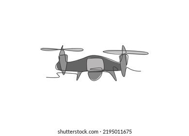 One continuous line drawing of flying drone airplane, unmanned plane. Modern gadget for videography concept. Dynamic single line graphic draw design vector illustration
