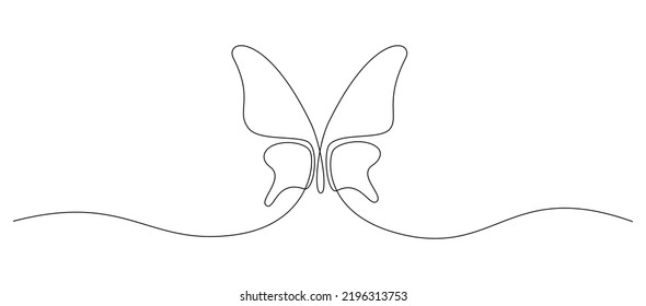 One continuous line drawing of flying Butterfly. Beautiful moth for wellbeing beauty or spa salon logo and divider concept in simple linear style. Editable stroke. Doodle vector illustration.