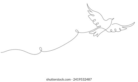 Un dibujo continuo de una paloma voladora, fondo. Símbolo pájaro de paz y libertad en un estilo lineal simple.