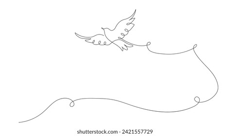 One continuous line drawing of a flying pigeon, background. Bird symbol of peace and freedom in simple linear style