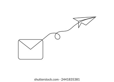 One continuous line drawing of flying Paper plane and mail. Sending Email message and newsletter in simple linear style. Concept of business metaphor and creative idea. Vector illustration