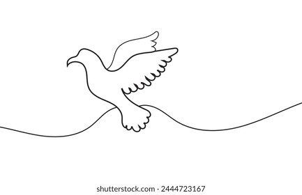 One continuous line drawing of flying up dove. Bird symbol of peace and freedom in simple linear style. Mascot concept for national labor movement icon isolated on white. vector illustration. EPS 10
