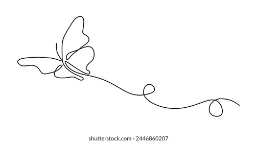 One continuous line drawing of flying butterfly on isolated transparent background. Simple linear style design for spa salon. Vector illustration. Editable stroke.