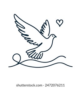 One continuous line drawing of flying up dove. Where, Bird symbol of peace and freedom in simple linear style. Mascot concept for national labor movement icon isolated on white. Doodle vector 