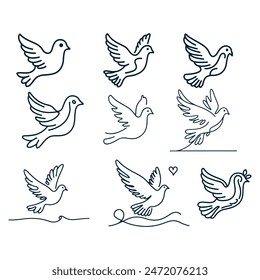One continuous line drawing of flying up dove. Where, Bird symbol of peace and freedom in simple linear style. Mascot concept for national labor movement icon isolated on white. Doodle vector 