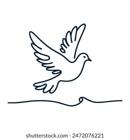 One continuous line drawing of flying up dove. Where, Bird symbol of peace and freedom in simple linear style. Mascot concept for national labor movement icon isolated on white. Doodle vector 