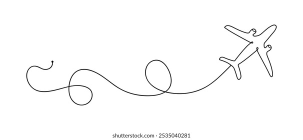 Um desenho de linha contínua de voo acima da trajetória do avião. Conceito de viagem pelo mundo e voo internacional com traço em estilo linear simples