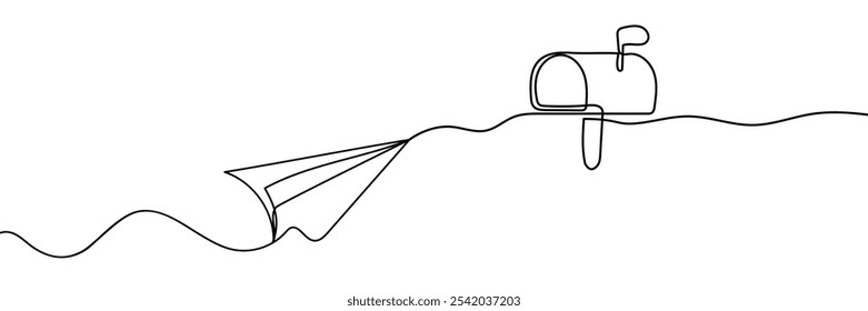 Um desenho de linha contínua de avião de papel voador e caixa de correio. Enviando mensagem de e-mail e newsletter em estilo linear simples. Conceito de metáfora de negócio e ideia criativa. Ilustração vetorial