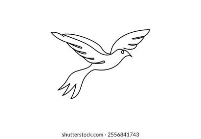 One continuous line drawing of flying up dove. Bird symbol of peace and freedom in simple linear style, Flying bird continuous line drawing element isolated on white background for decorative element.