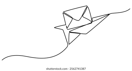 One continuous line drawing of flying Paper plane and mail. Concept of business metaphor and creative idea. Vector illustration, The idea is to create a continuous line drawing depicting a flying.