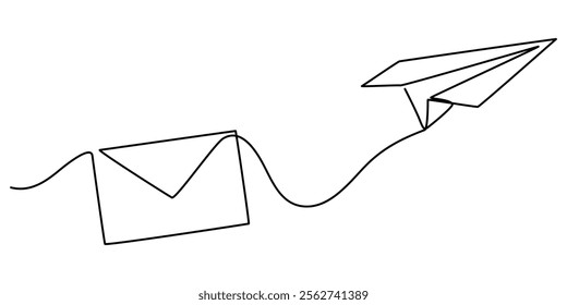 One continuous line drawing of flying Paper plane and mail. Concept of business metaphor and creative idea. Vector illustration, The idea is to create a continuous line drawing depicting a flying.