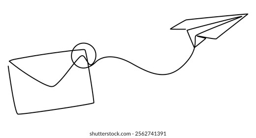 One continuous line drawing of flying Paper plane and mail. Concept of business metaphor and creative idea. Vector illustration, The idea is to create a continuous line drawing depicting a flying.