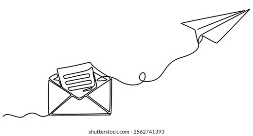 One continuous line drawing of flying Paper plane and mail. Concept of business metaphor and creative idea. Vector illustration, The idea is to create a continuous line drawing depicting a flying.