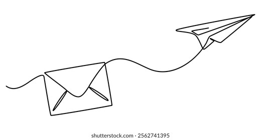 One continuous line drawing of flying Paper plane and mail. Concept of business metaphor and creative idea. Vector illustration, The idea is to create a continuous line drawing depicting a flying.