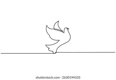 One continuous line drawing of flying up dove. Bird symbol of peace and freedom in simple linear, Symbol of peace and freedom concept vector art. Doodle line illustration.