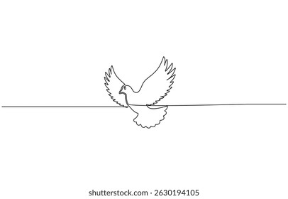 One continuous line drawing of flying up dove. Bird symbol of peace and freedom in simple linear, Symbol of peace and freedom concept vector art. Doodle line illustration.