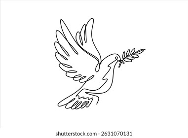One continuous line drawing of flying up dove. Bird symbol of peace and freedom in simple linear style. Mascot concept for national labor movement icon isolated on white. Editable stroke.