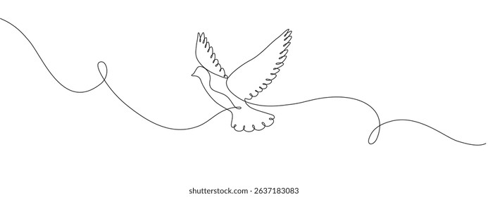   One continuous line drawing of a flying white dove. Symbol of peace, hope and freedom. Single line editable vector drawing  