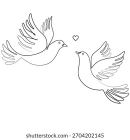 Um desenho de linha contínua de pombas voadoras. Pombos, ilustração do vetor contorno de pássaro. Romântico, amor casamento conceito em estilo de linha simples. Símbolo de paz, esperança, liberdade sobre fundo branco.