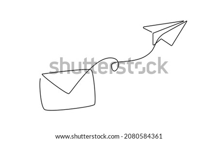 One continuous line drawing of flying Paper plane and mail. Sending Email message and newsletter in simple linear style. Concept of business metaphor and creative idea. Vector illustration