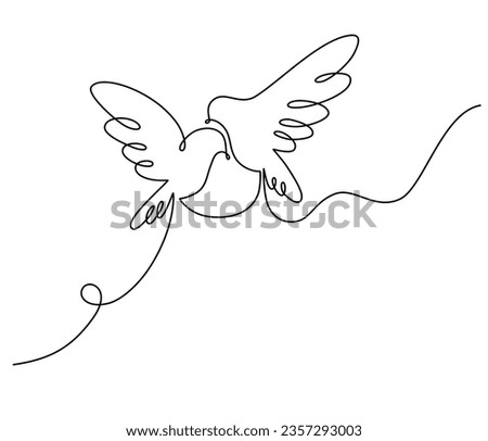 One continuous line drawing of flying dove. Pigeons, Bird symbol of peace and freedom in simple linear style. Romantic and love wedding concept. Editable stroke. Outline vector illustration