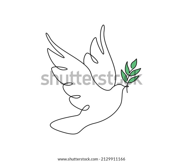 One continuous\
line drawing of flying dove with green olive twig. Bird and branch\
symbol of love peace and freedom in simple linear style. Pigeon\
icon. Doodle vector\
illustration