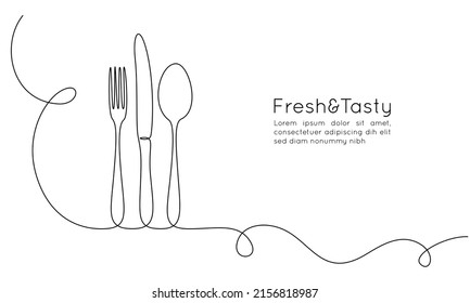 One continuous line drawing food tools  Spoon fork   knife for decoration restoran menu ot banner in simple linear style  Hand drawn sign cafe  Editable stroke  Doodle vector illustration