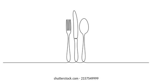 One continuous line drawing of food tools. Spoon Fork and Knife for decoration restoran menu in simple linear style. Hand drawn sign or logo cafe. Doodle vector illustration