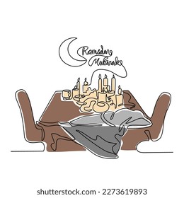 One continuous line drawing of food and drink for iftar Ramadan celebration. arabian food in simple linear style. food for eid Ramadan celebration design concept. Vector illustration
