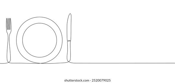 One continuous line drawing of food tools. Plate Fork and Knife for decoration restoran menu in simple linear style. Hand drawn sign or logo cafe. Editable stroke. Doodle vector illustration